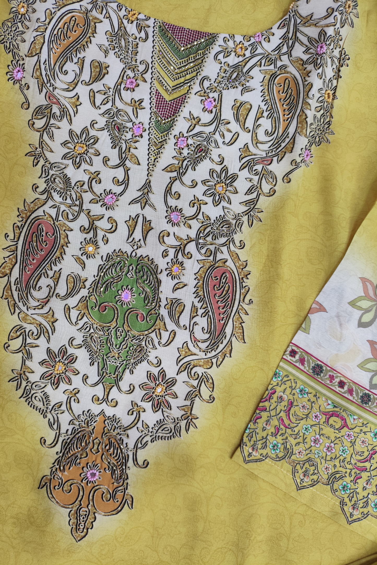 Mustard Zari & Mirror Work Printed Suit Set