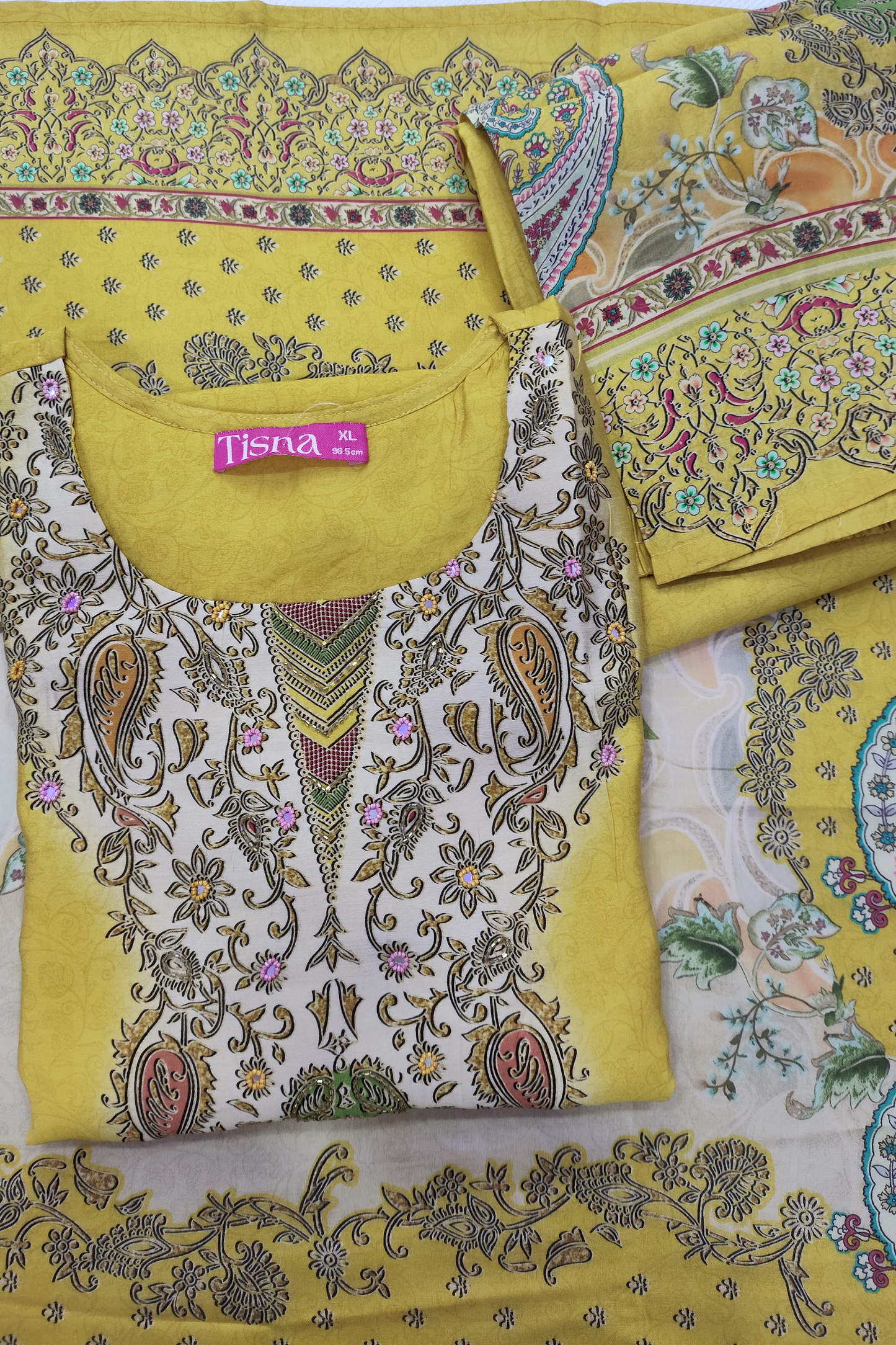 Mustard Zari & Mirror Work Printed Suit Set
