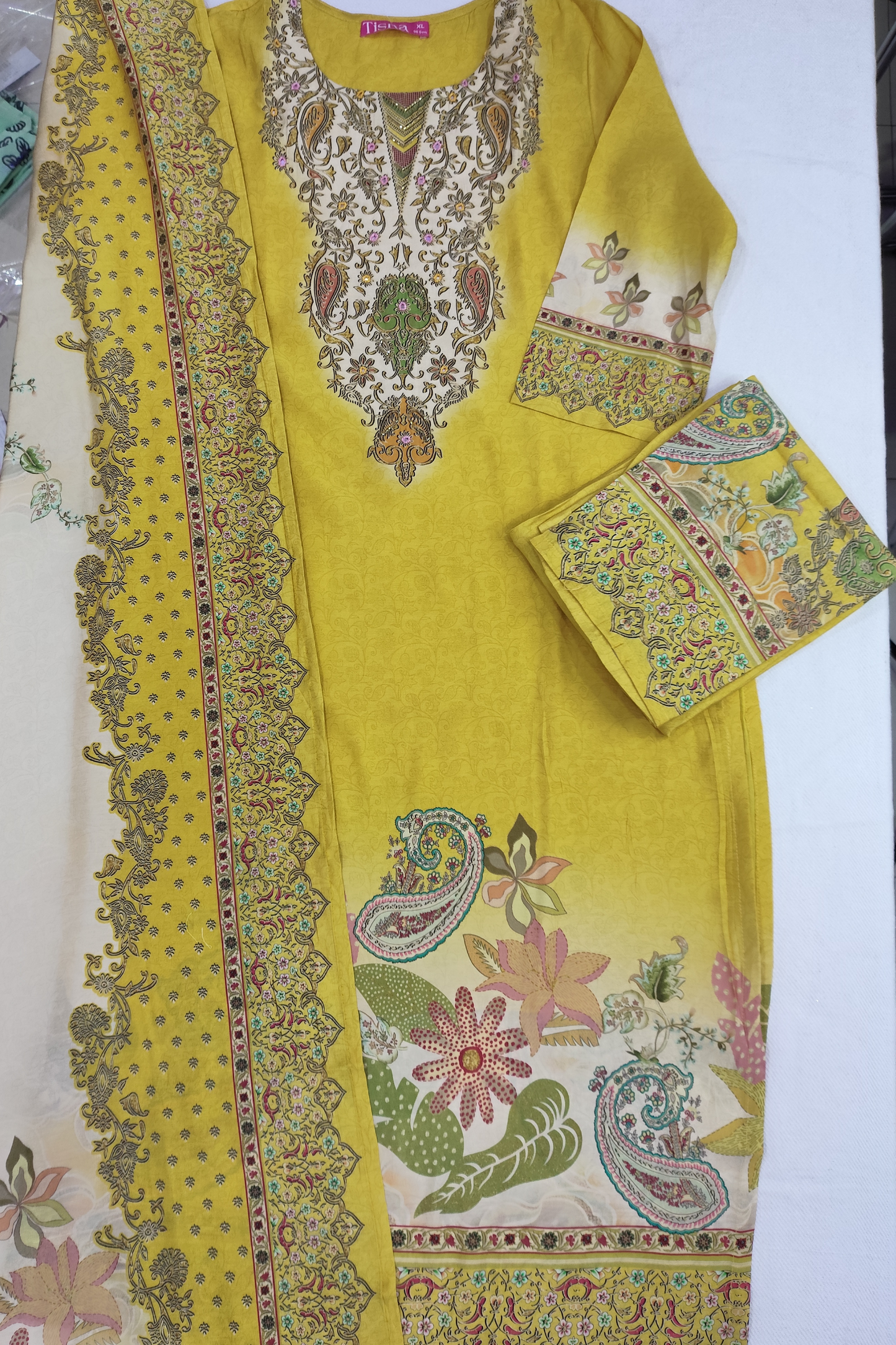 Mustard Zari & Mirror Work Printed Suit Set