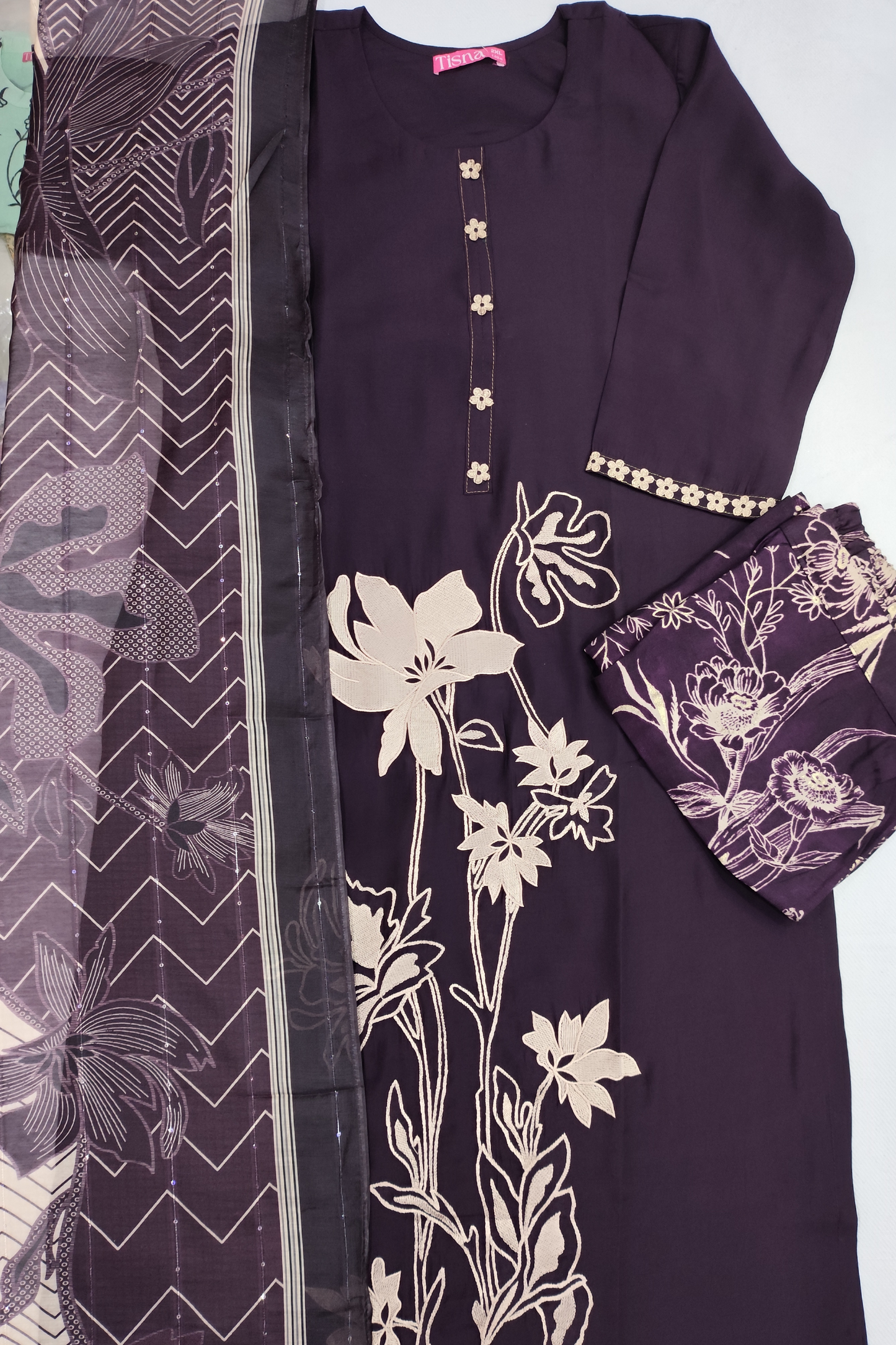 Dark Wine Thread Embroidery Suit Set