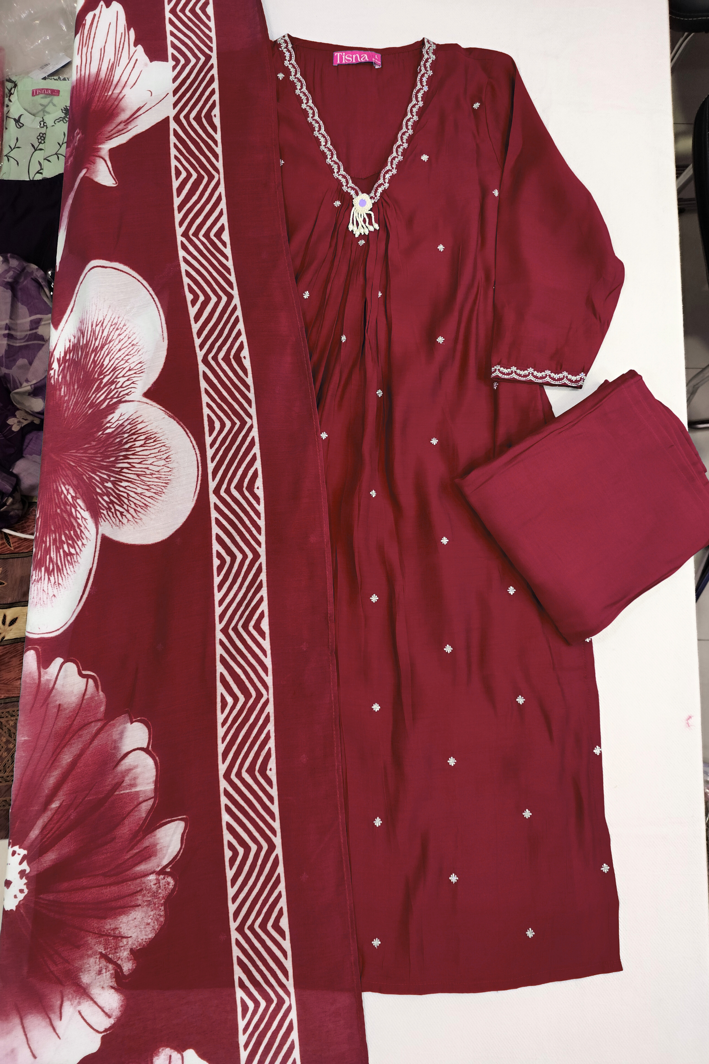 Maroon Cotton A-Line Suit Set