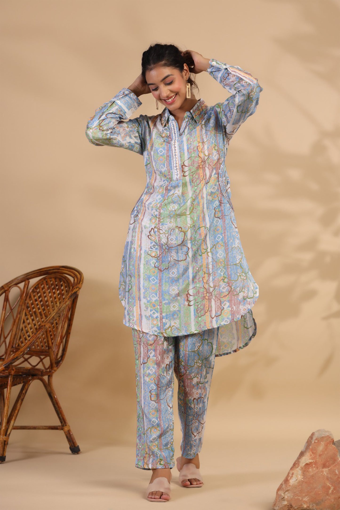 Bluish Grey Muslin Co-ord Set