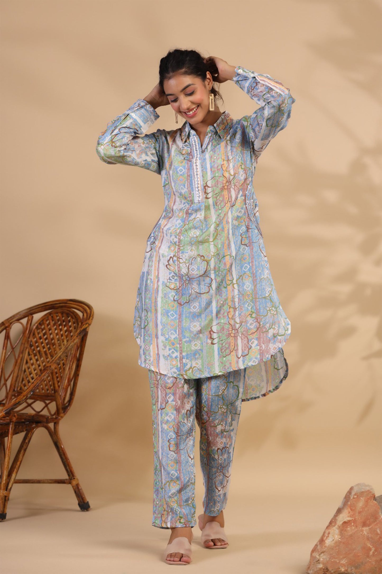 Bluish Grey Muslin Co-ord Set