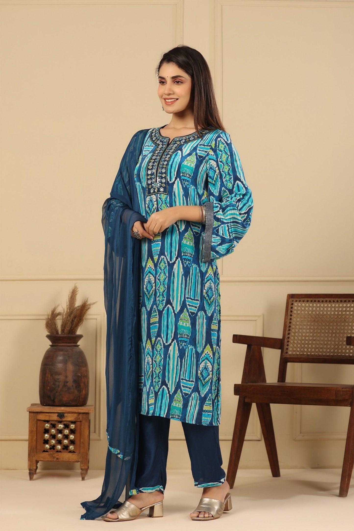 Regal Blue Muslin Suit Set