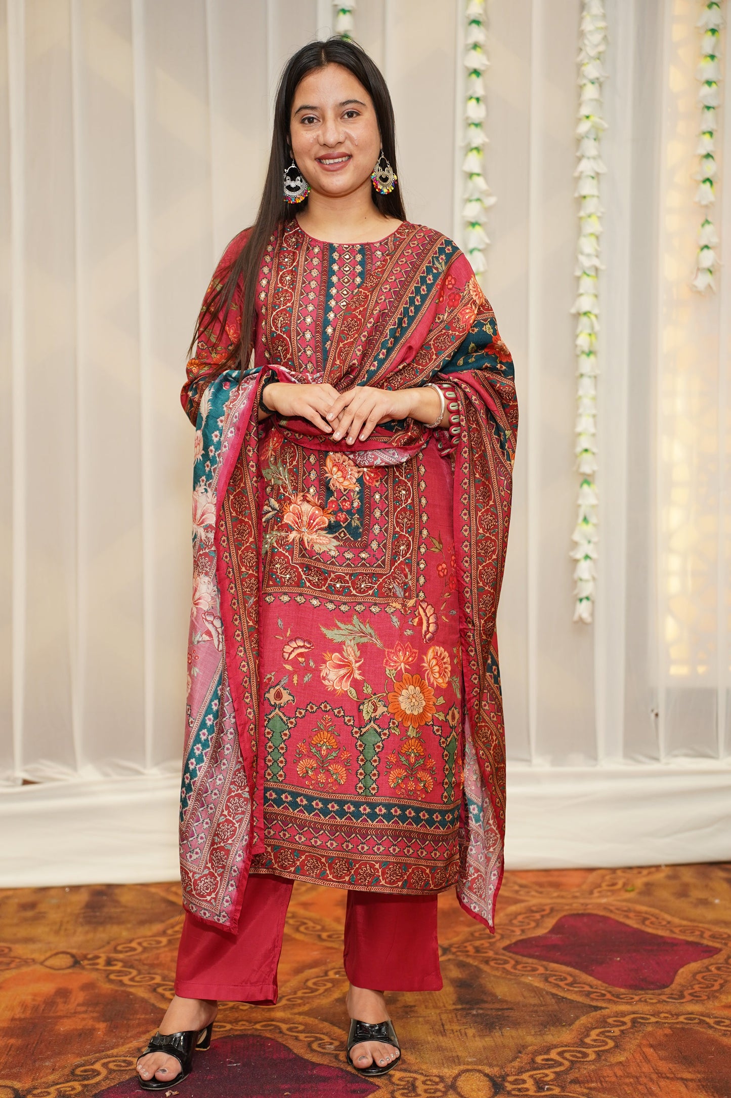 Floral Maroon Muslin Suit Set