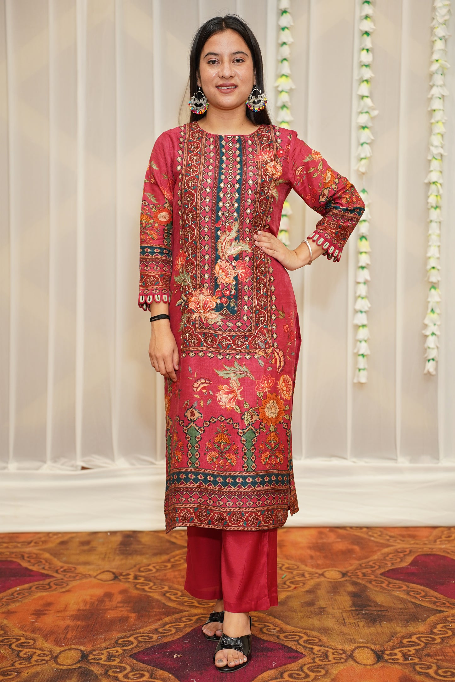 Floral Maroon Muslin Suit Set