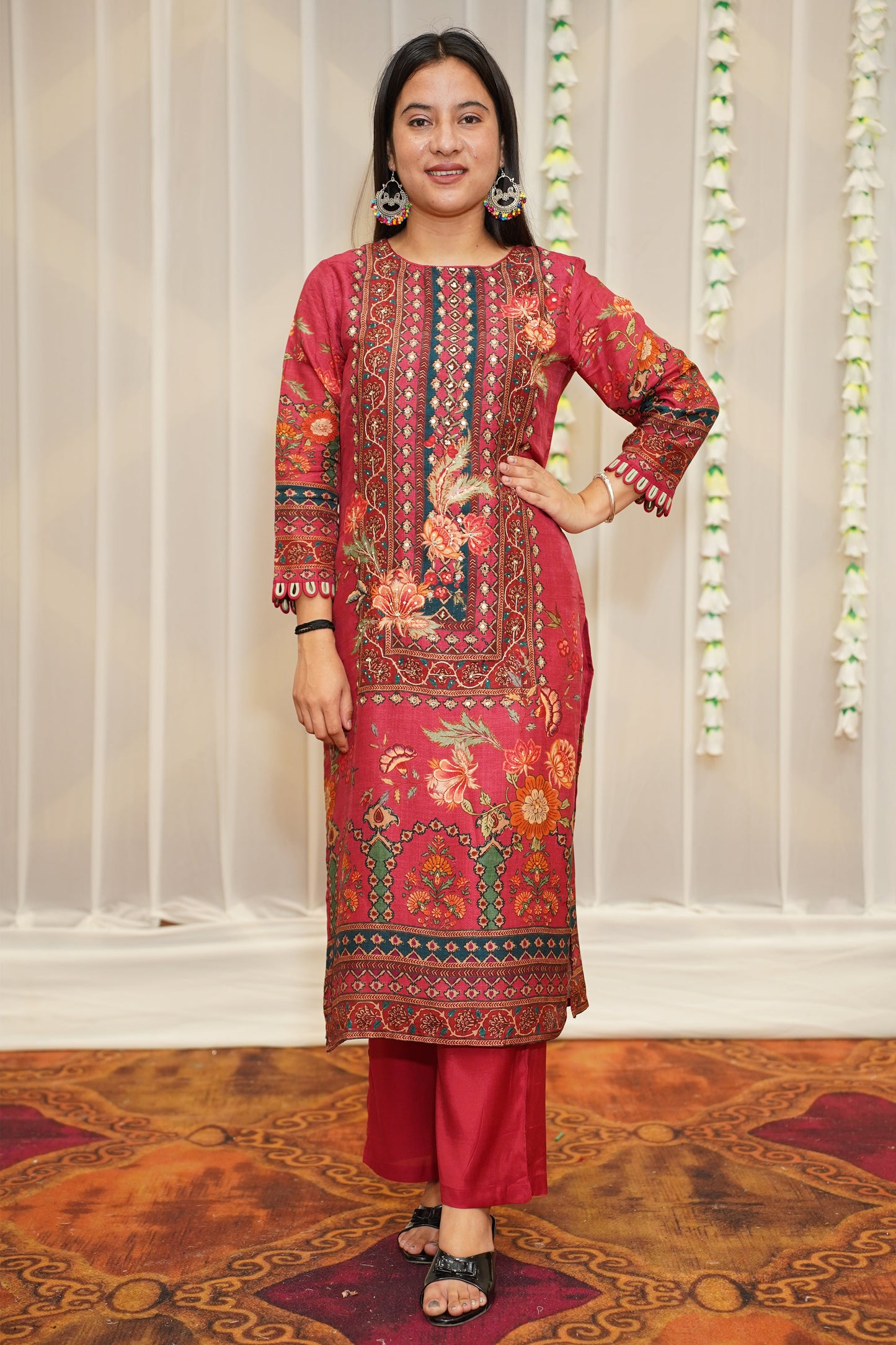 Floral Maroon Muslin Suit Set