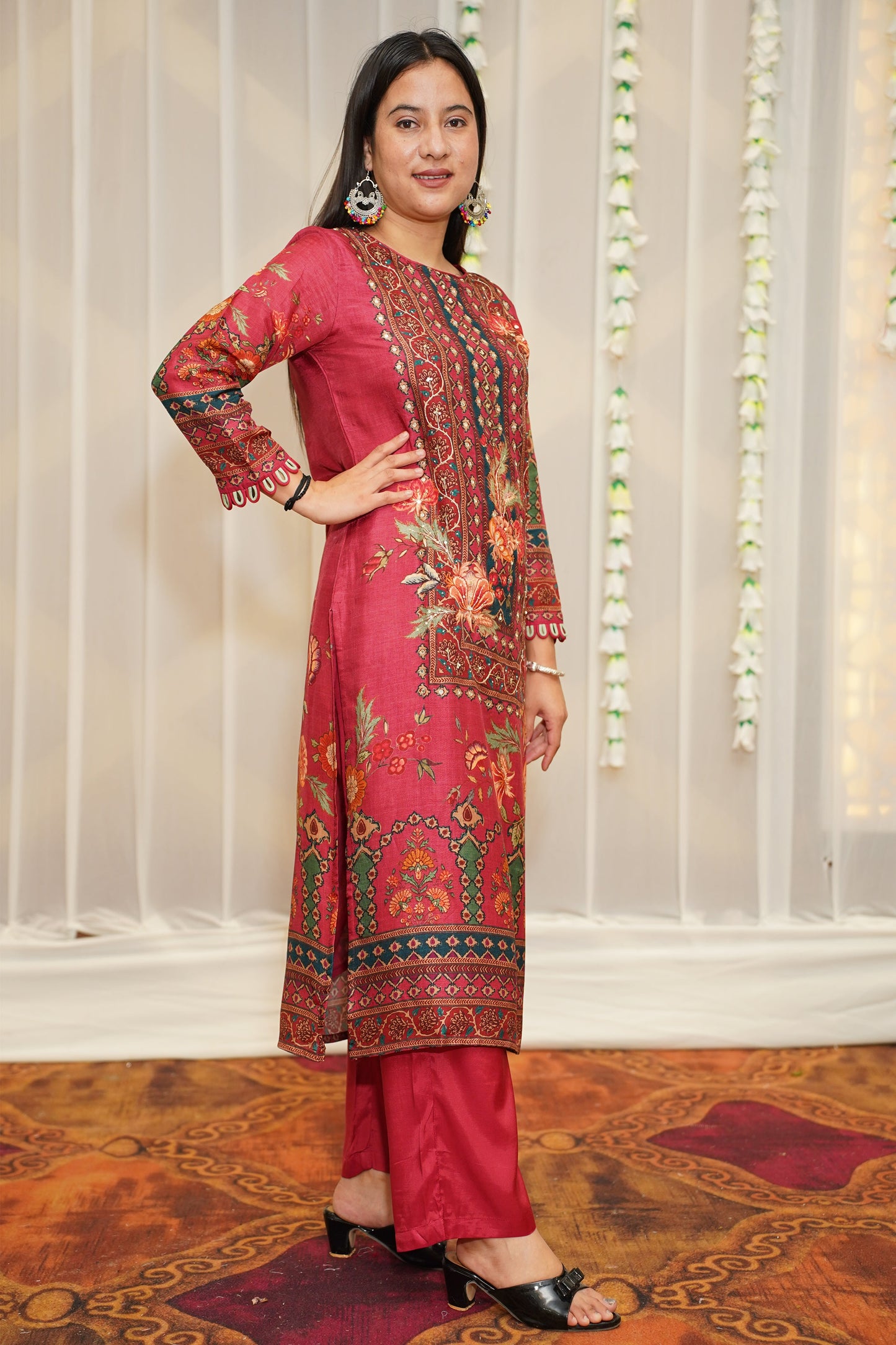 Floral Maroon Muslin Suit Set