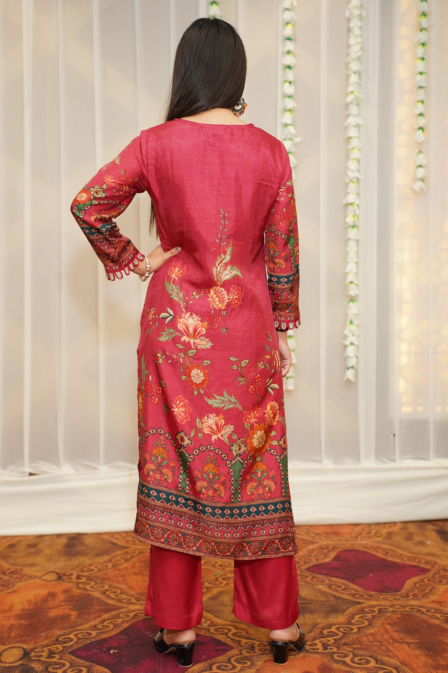 Floral Maroon Muslin Suit Set