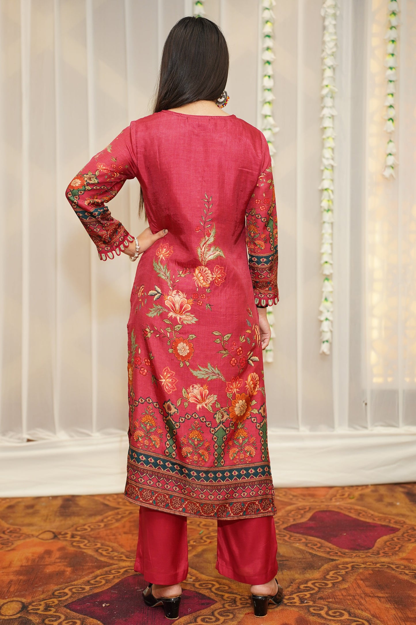 Floral Maroon Muslin Suit Set