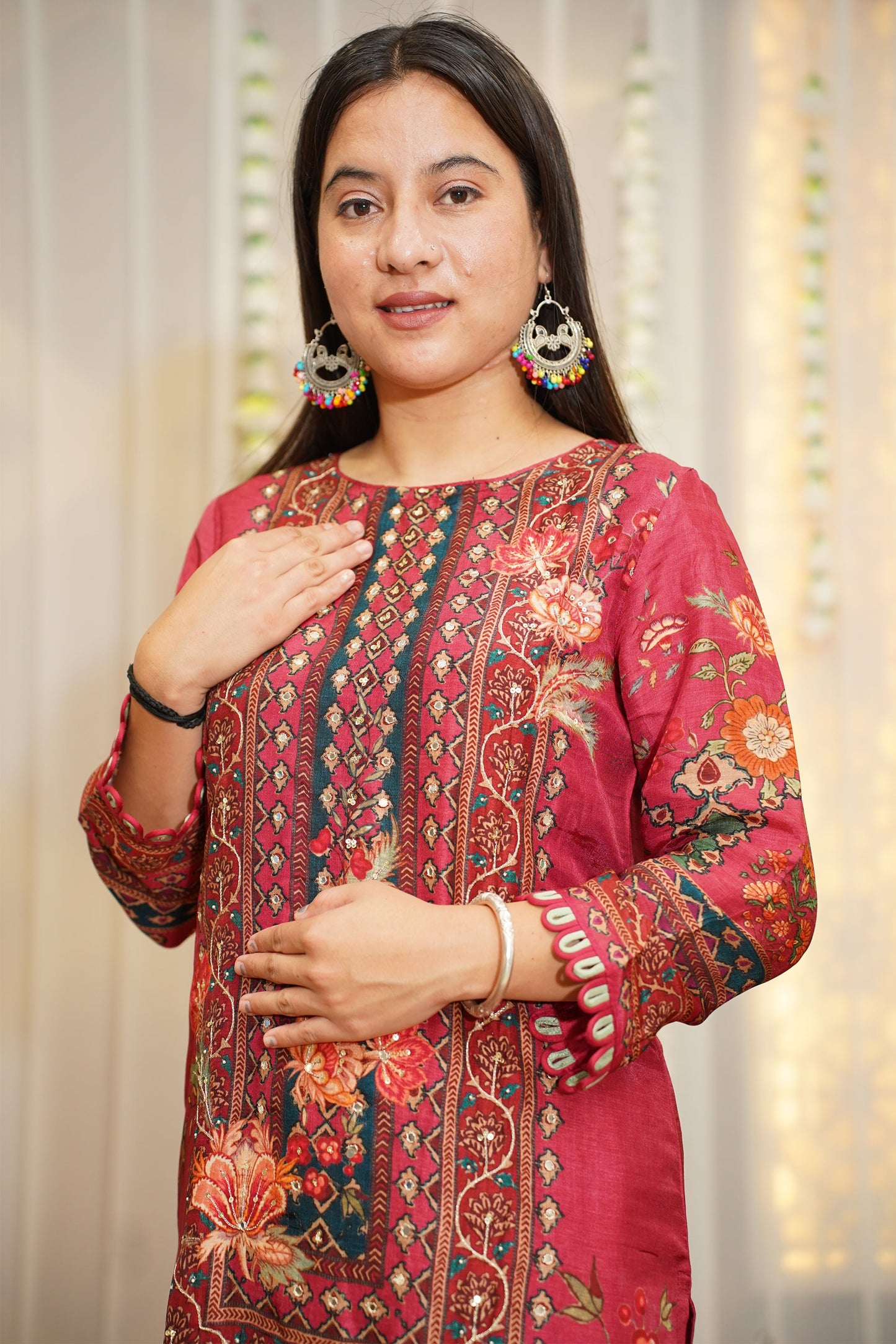 Floral Maroon Muslin Suit Set