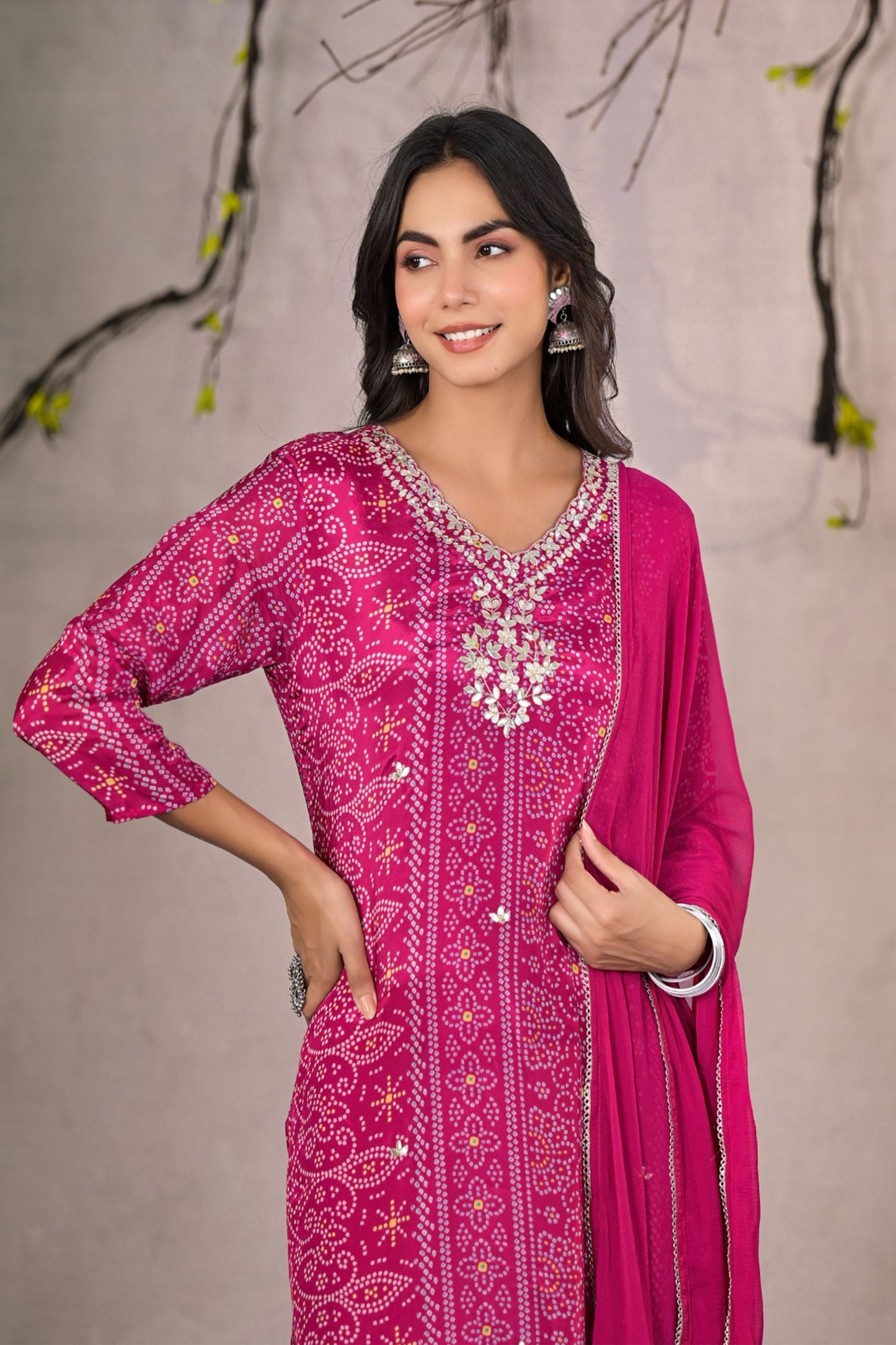 Magenta Bandhej Muslin Silk Suit