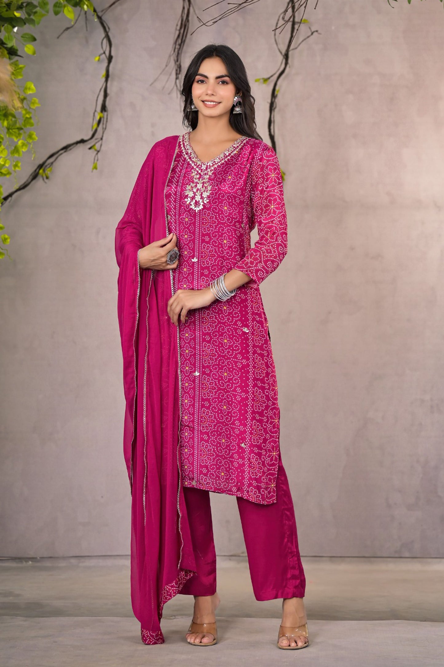 Magenta Bandhej Muslin Silk Suit