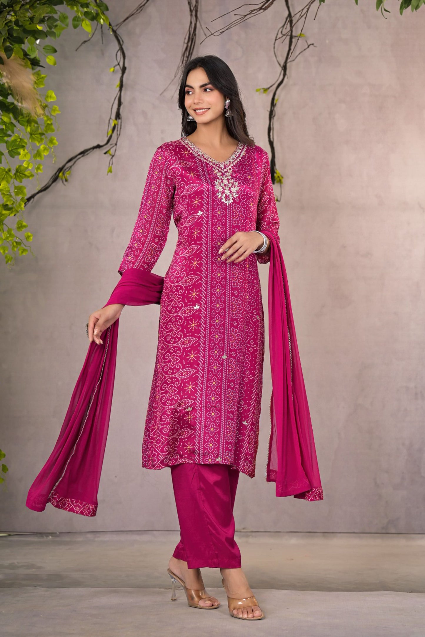 Magenta Bandhej Muslin Silk Suit