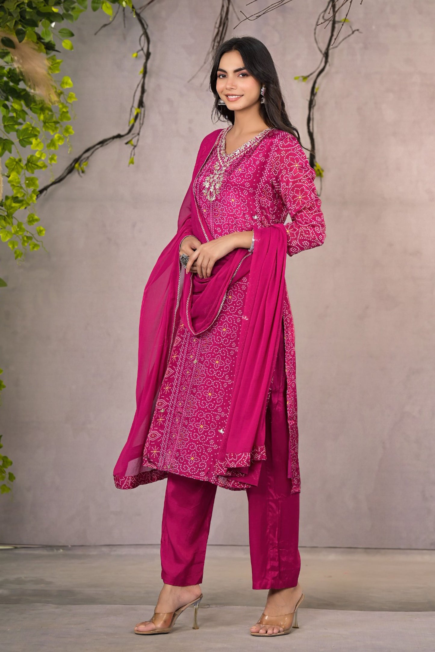 Magenta Bandhej Muslin Silk Suit