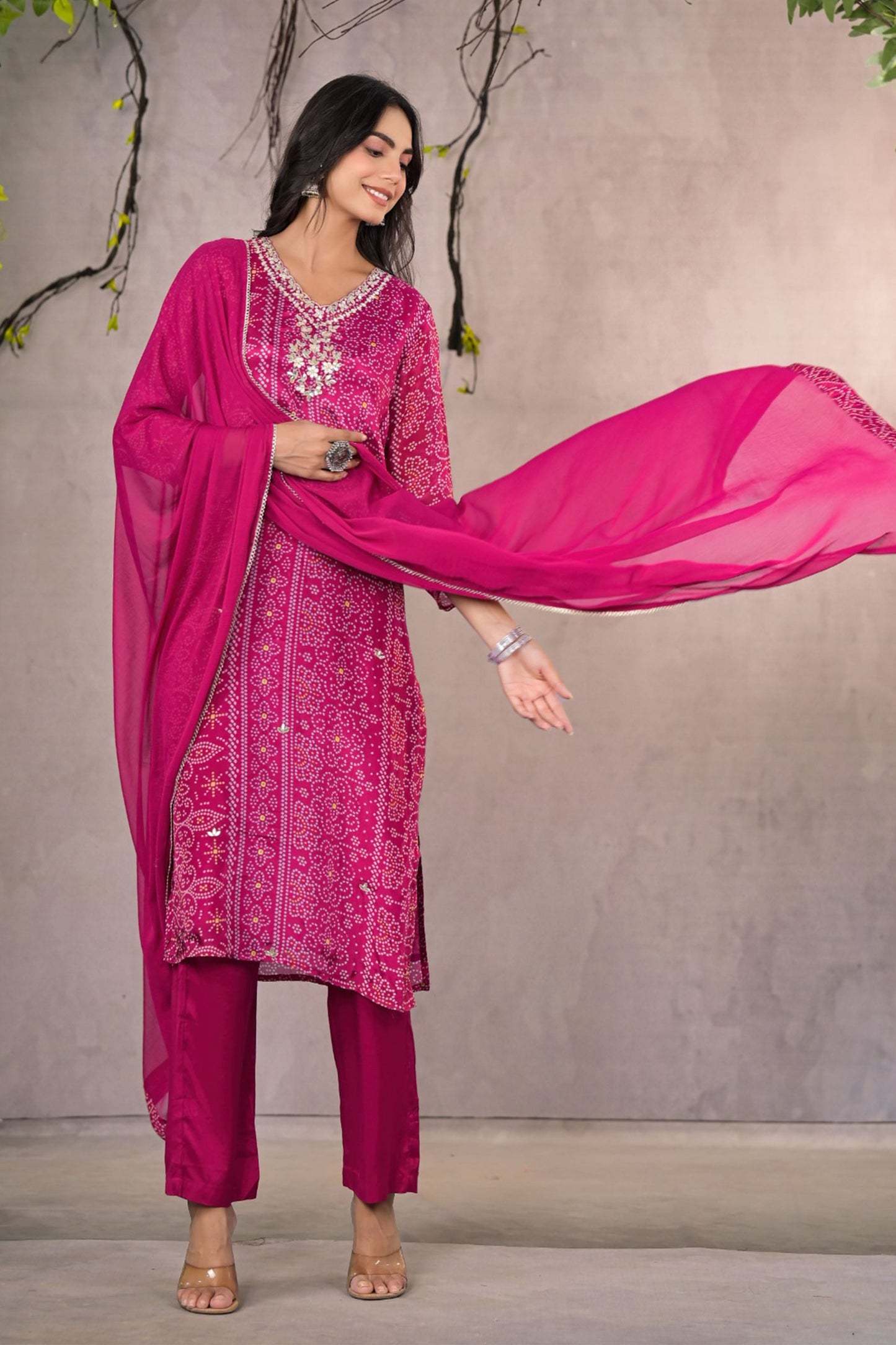Magenta Bandhej Muslin Silk Suit