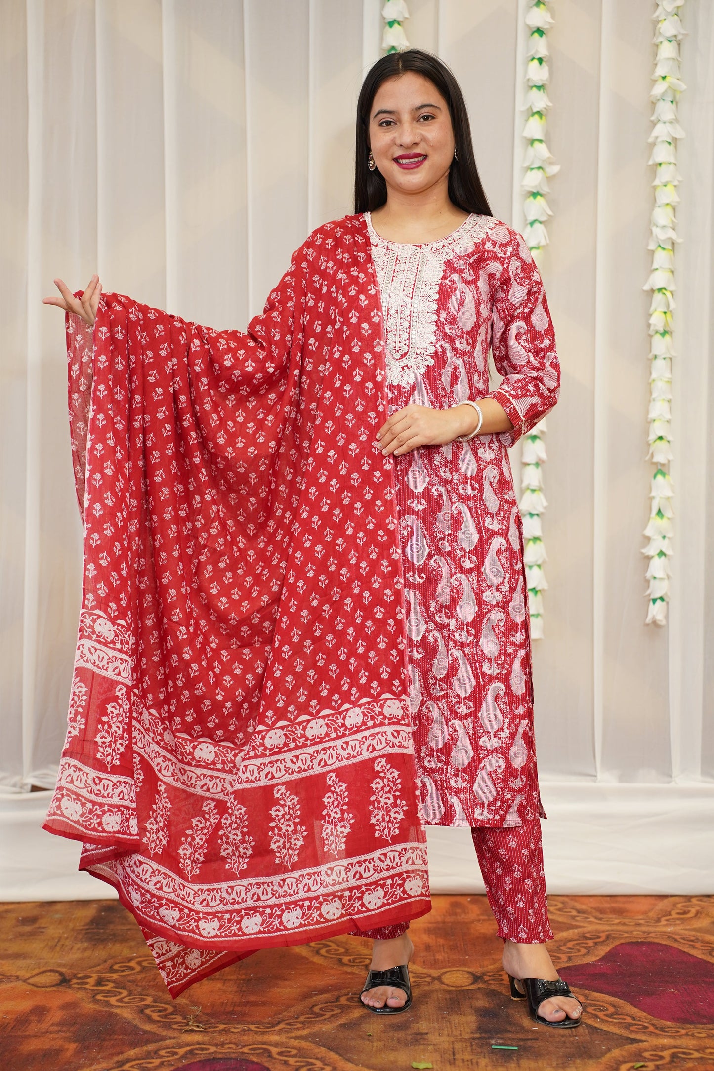 Crimson Red Cotton Suit Set