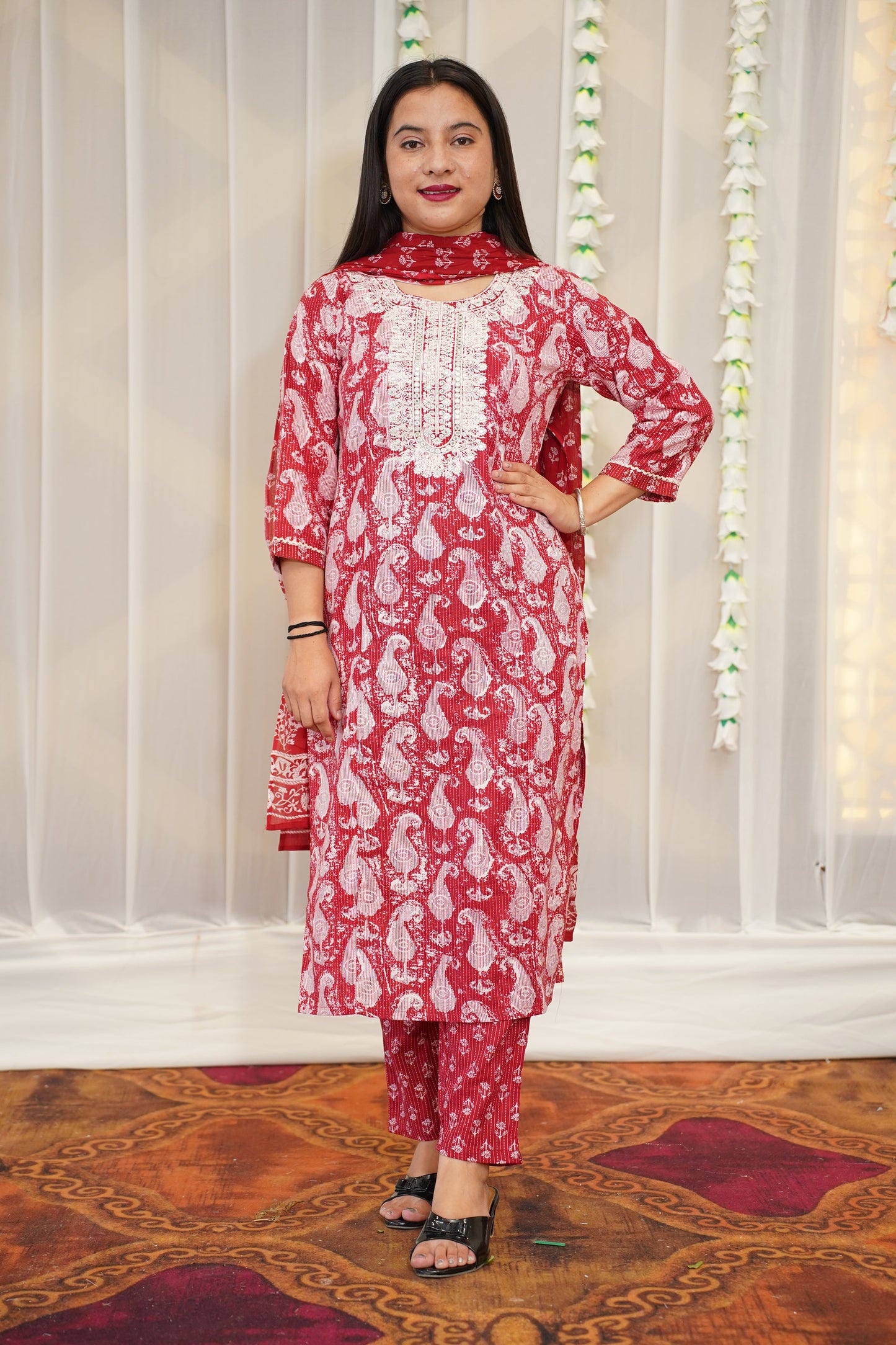 Crimson Red Cotton Suit Set