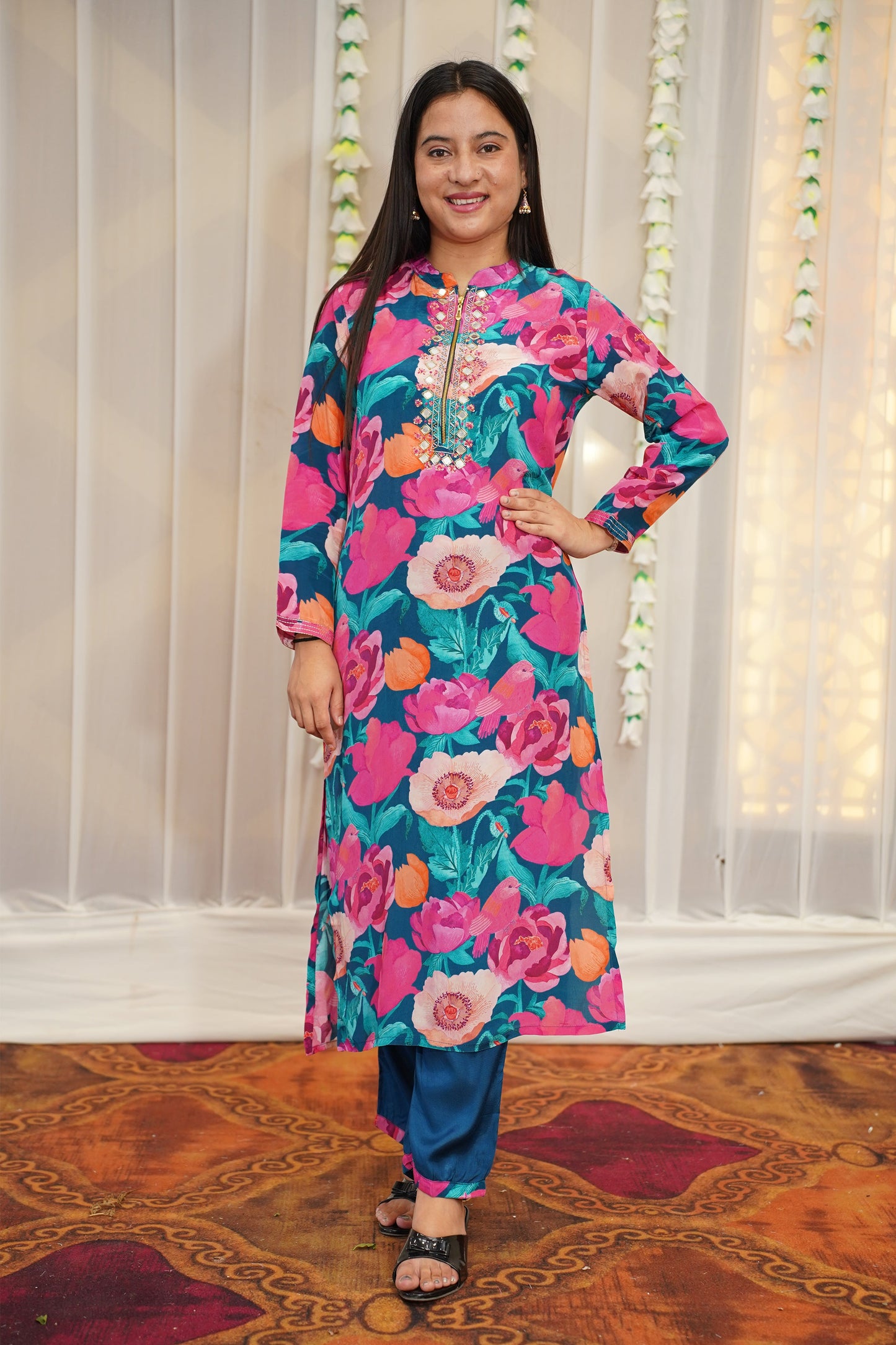 Peacock Blue Floral Suit Set