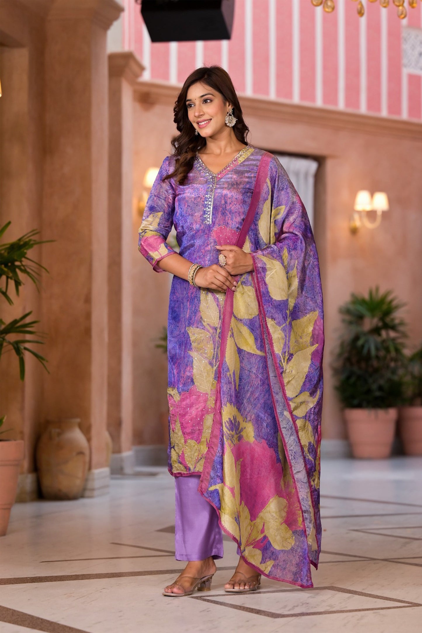 Mauve Shimmer Silk Suit Set