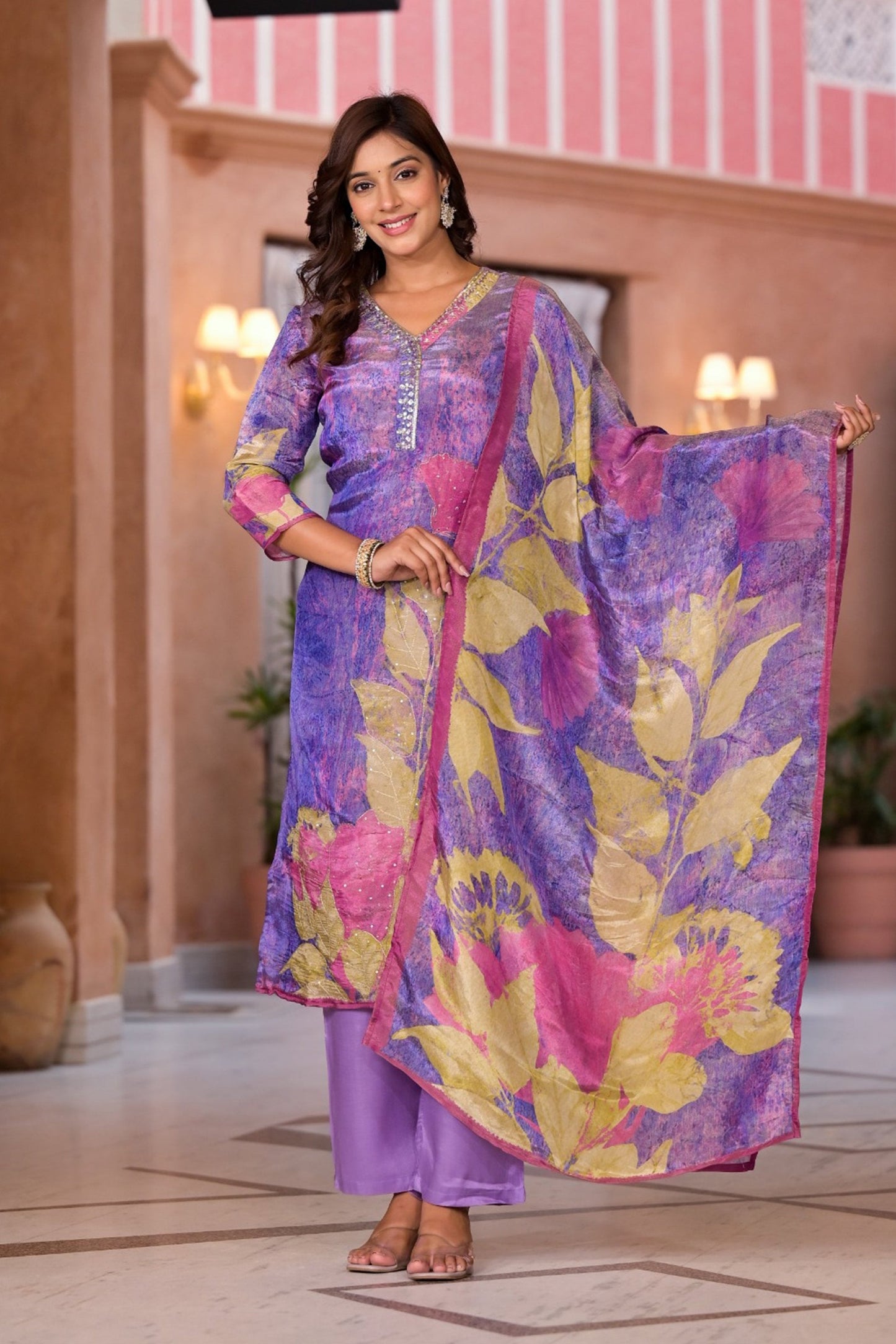 Mauve Shimmer Silk Suit Set