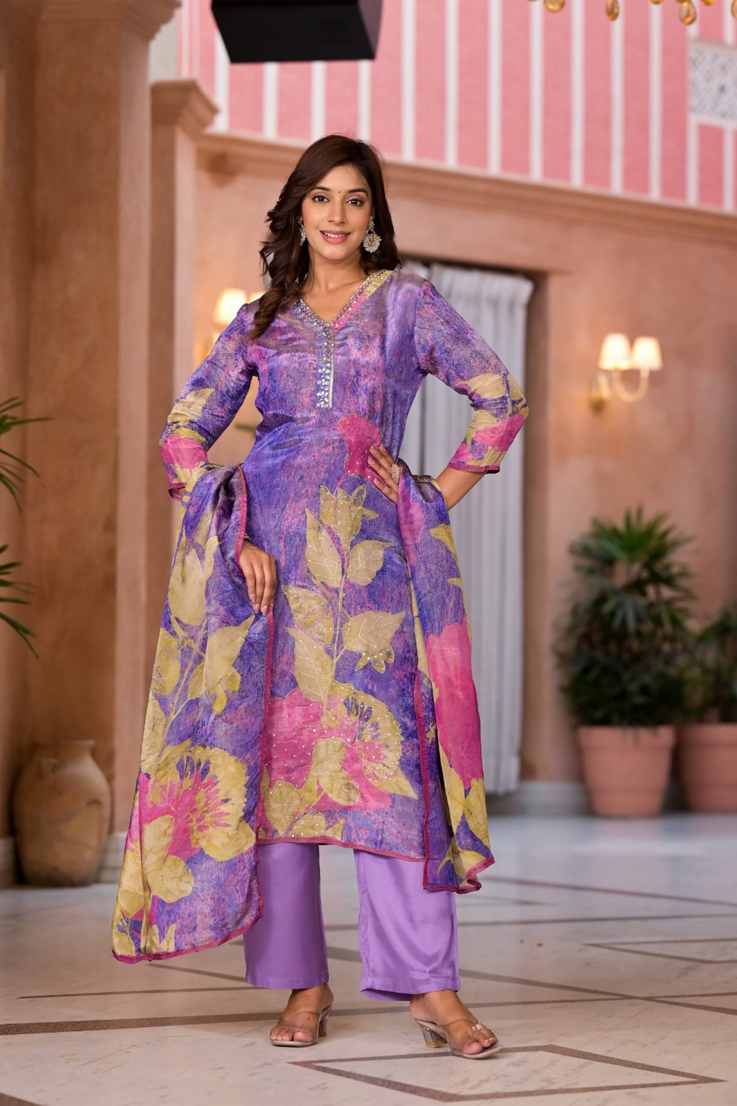 Mauve Shimmer Silk Suit Set