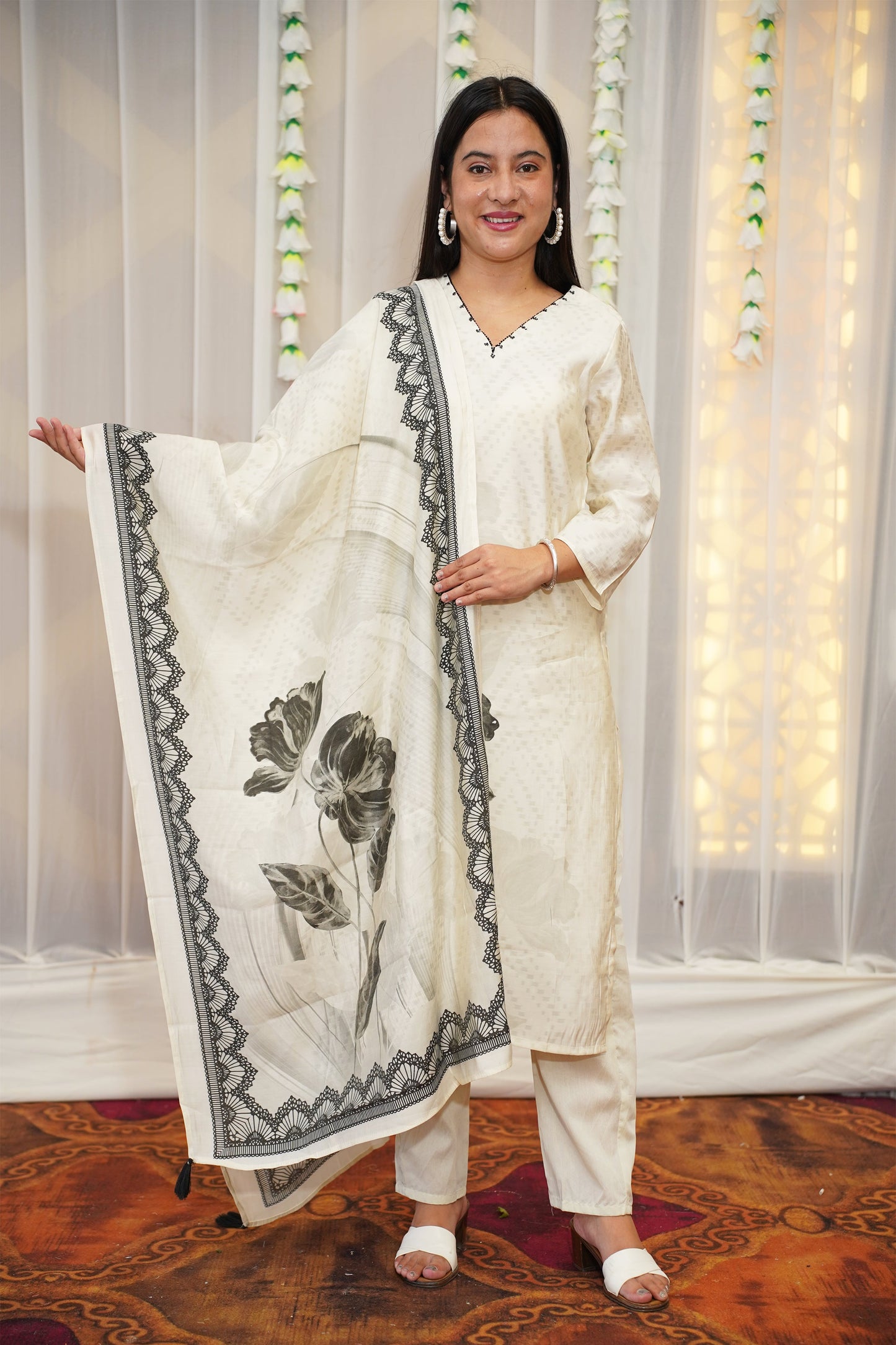 White Petal Printed Suit Set