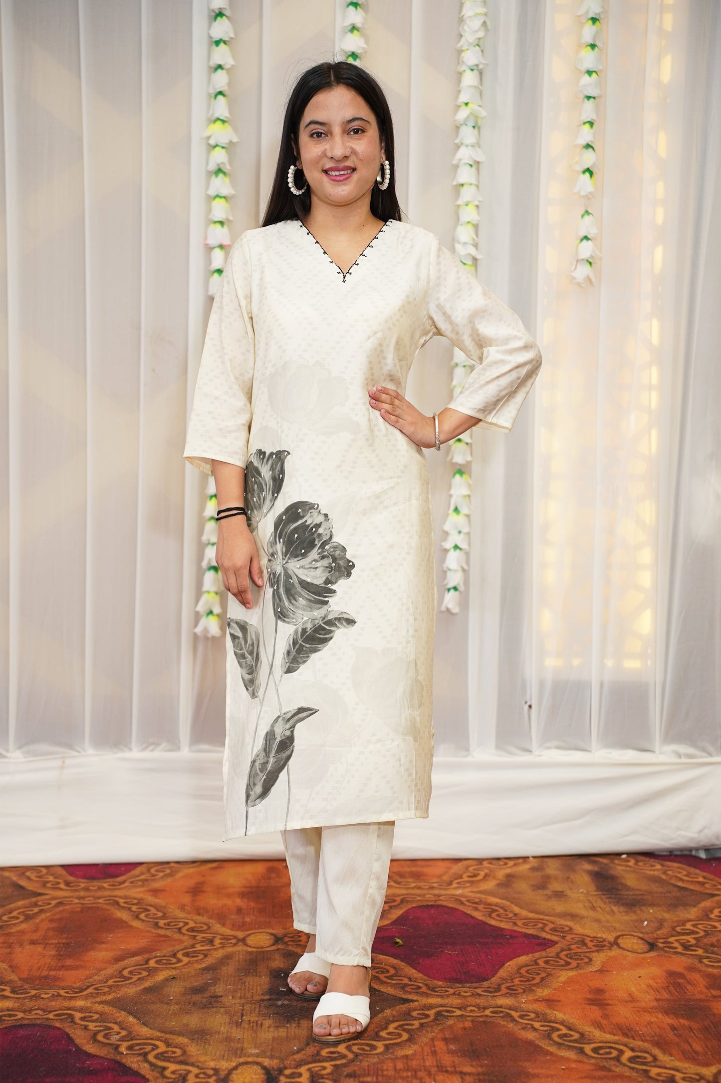 White Petal Printed Suit Set