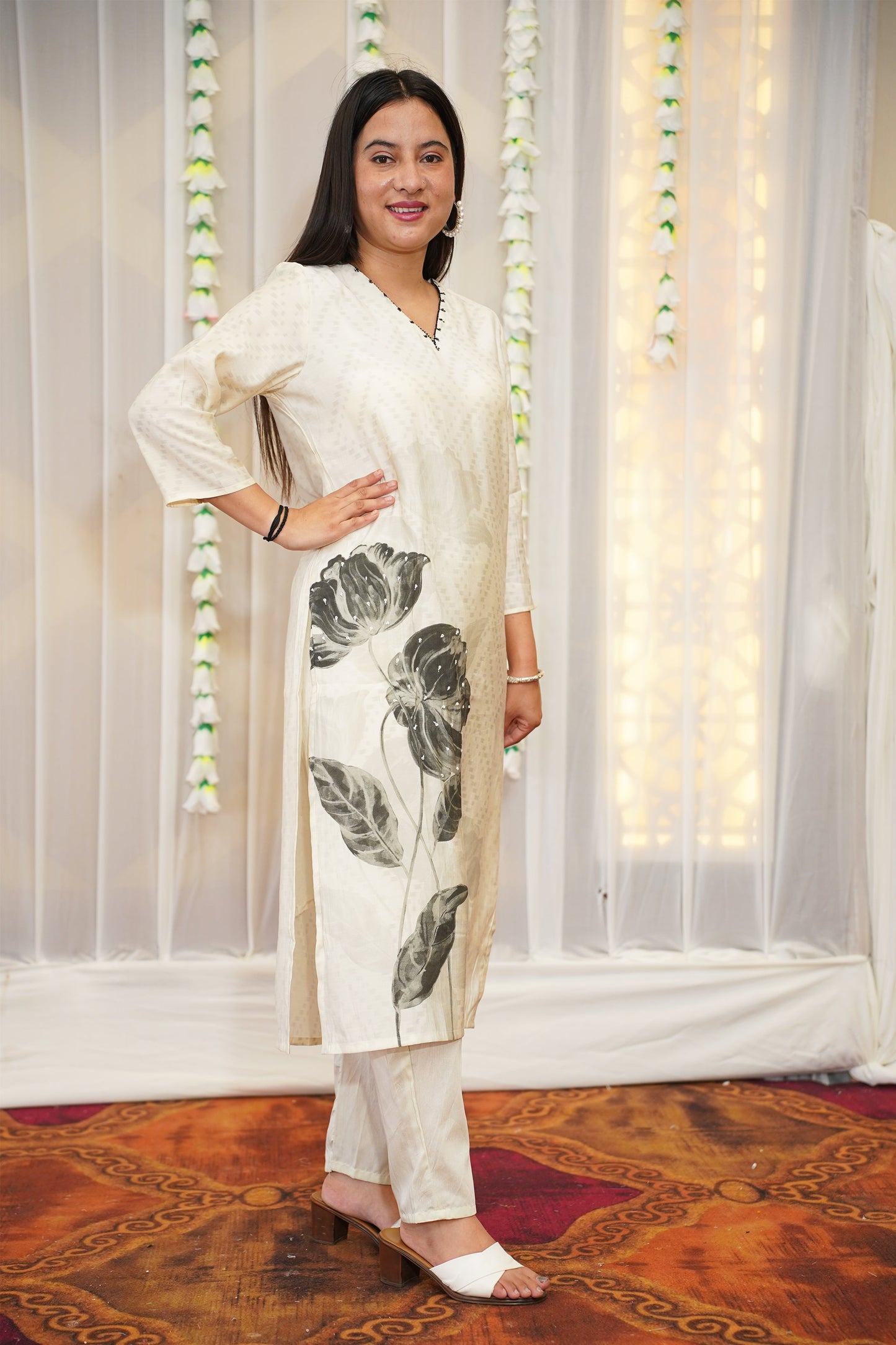 White Petal Printed Suit Set