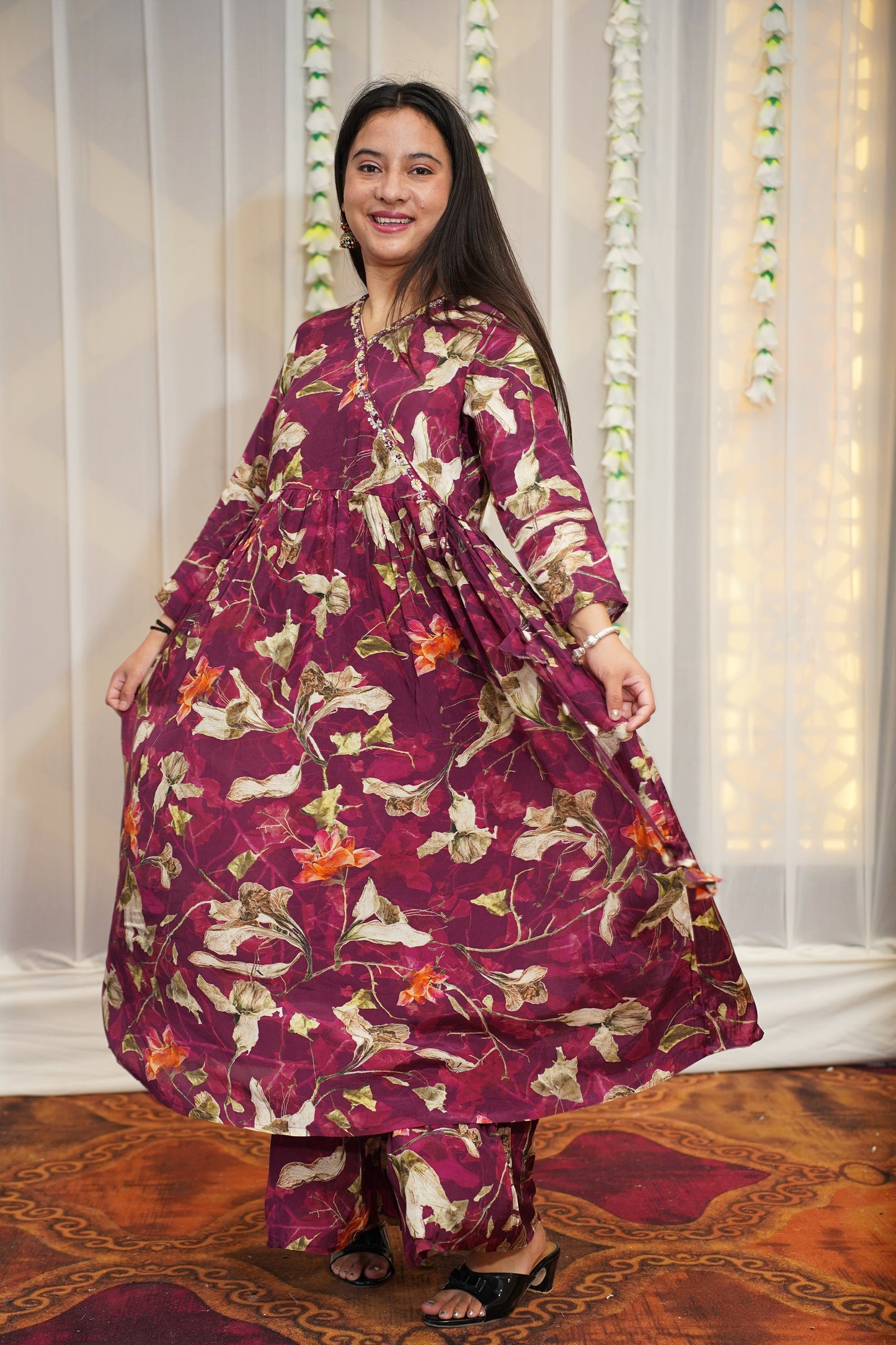 Rosy Wine Muslin Anarkali Set