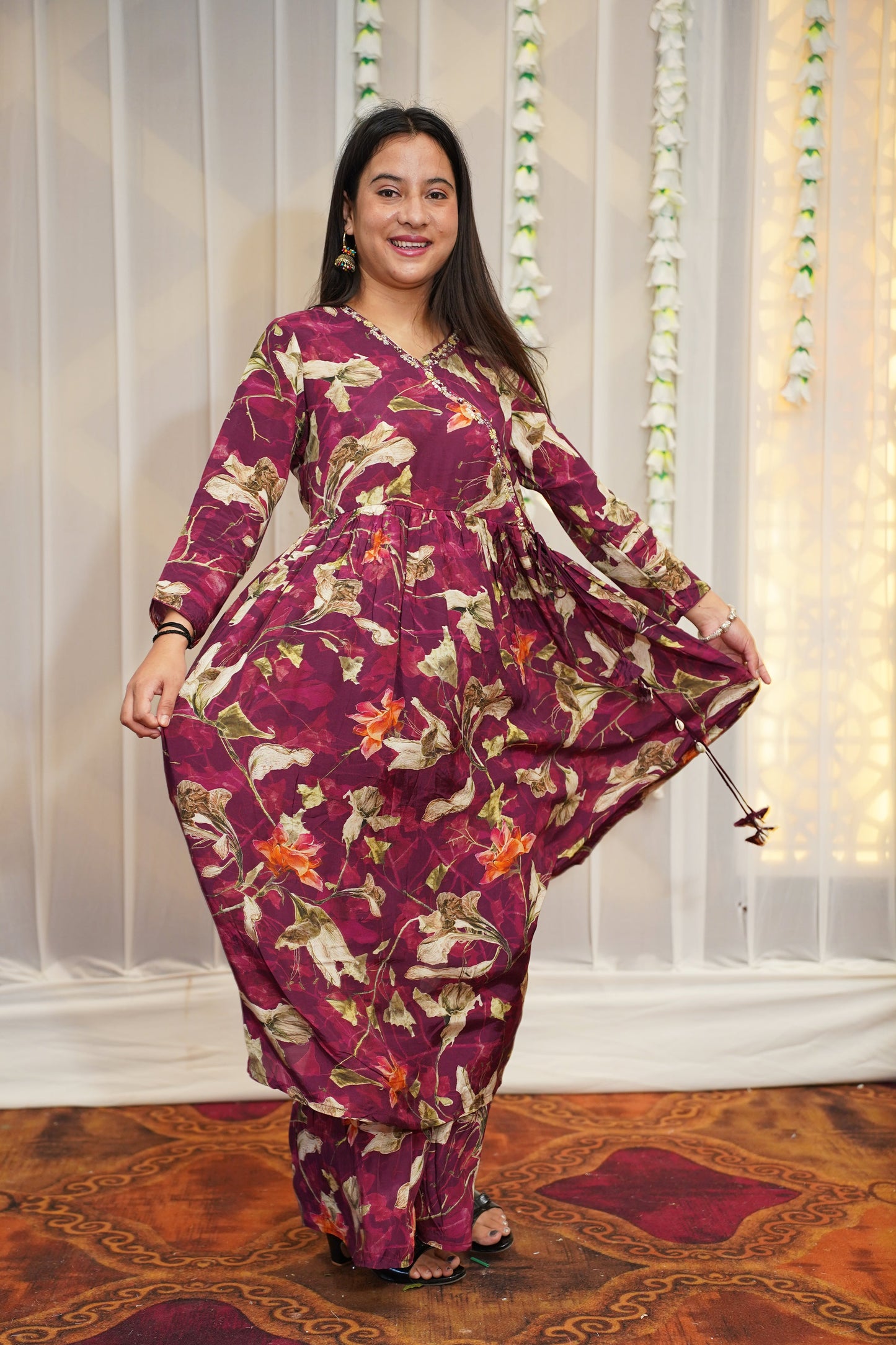 Rosy Wine Muslin Anarkali Set
