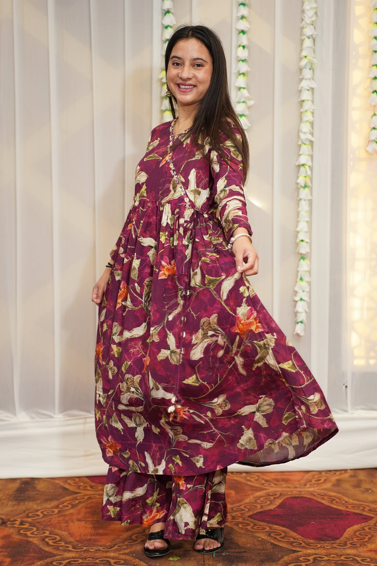 Rosy Wine Muslin Anarkali Set