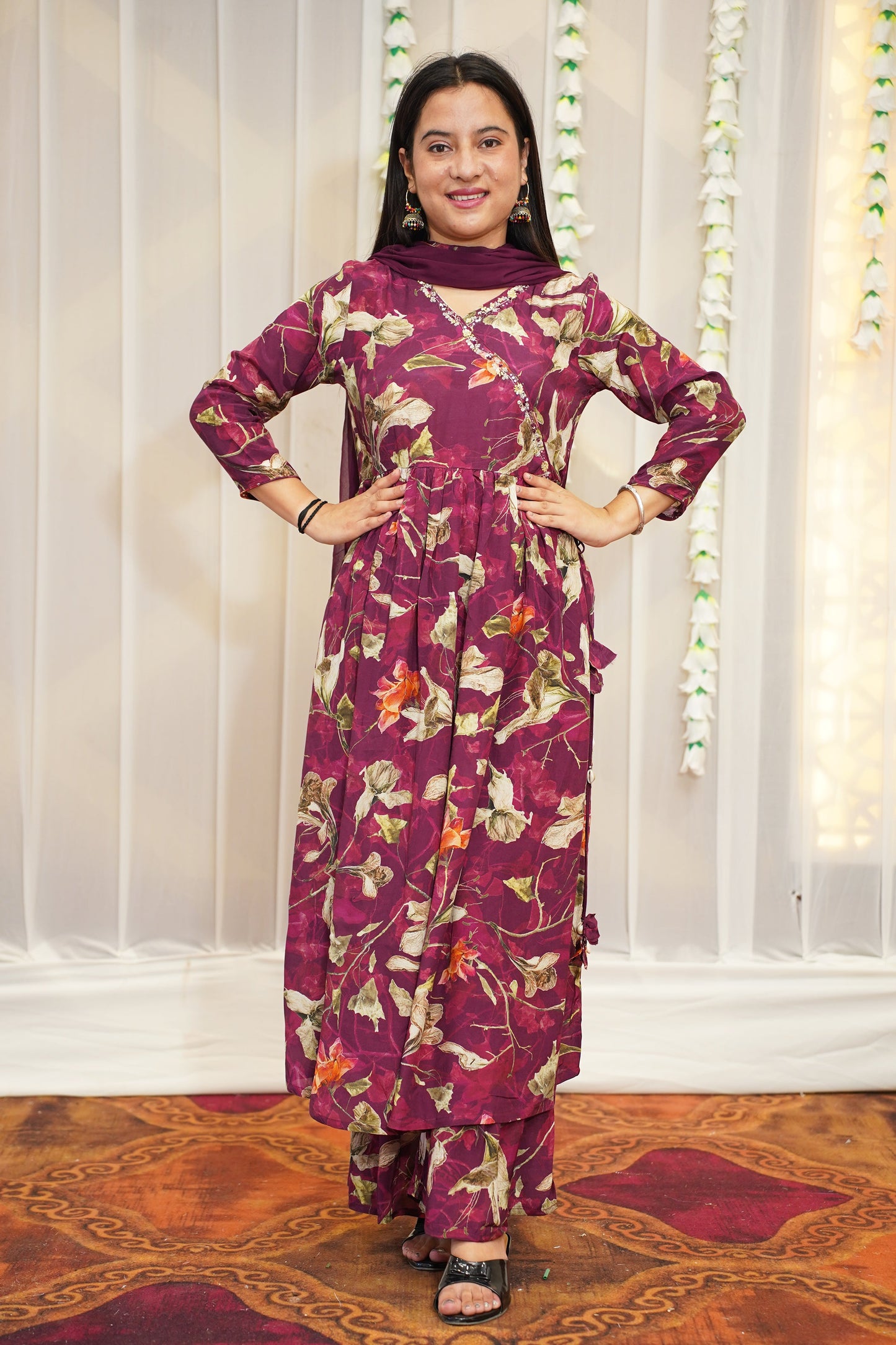 Rosy Wine Muslin Anarkali Set