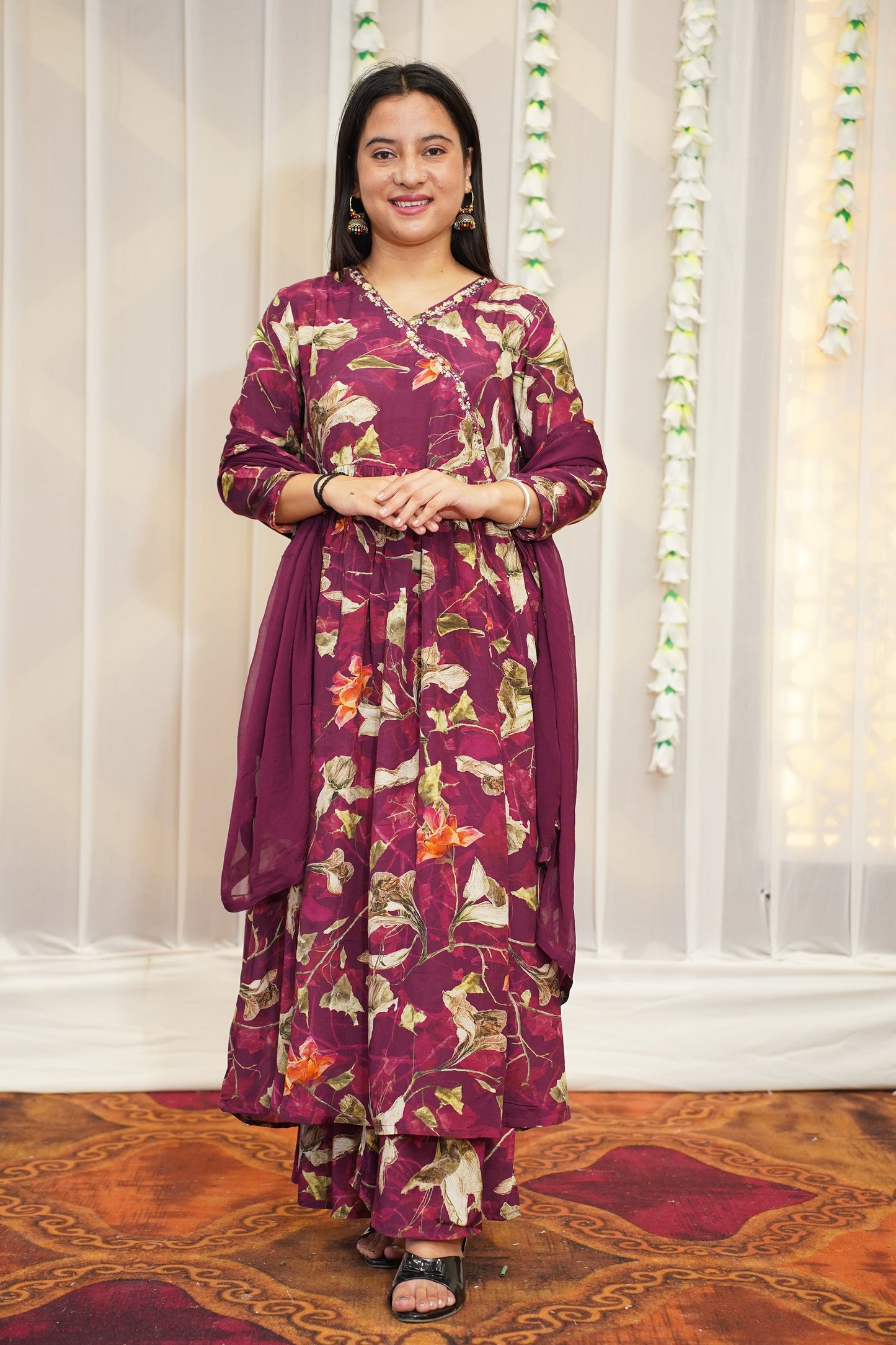 Rosy Wine Muslin Anarkali Set