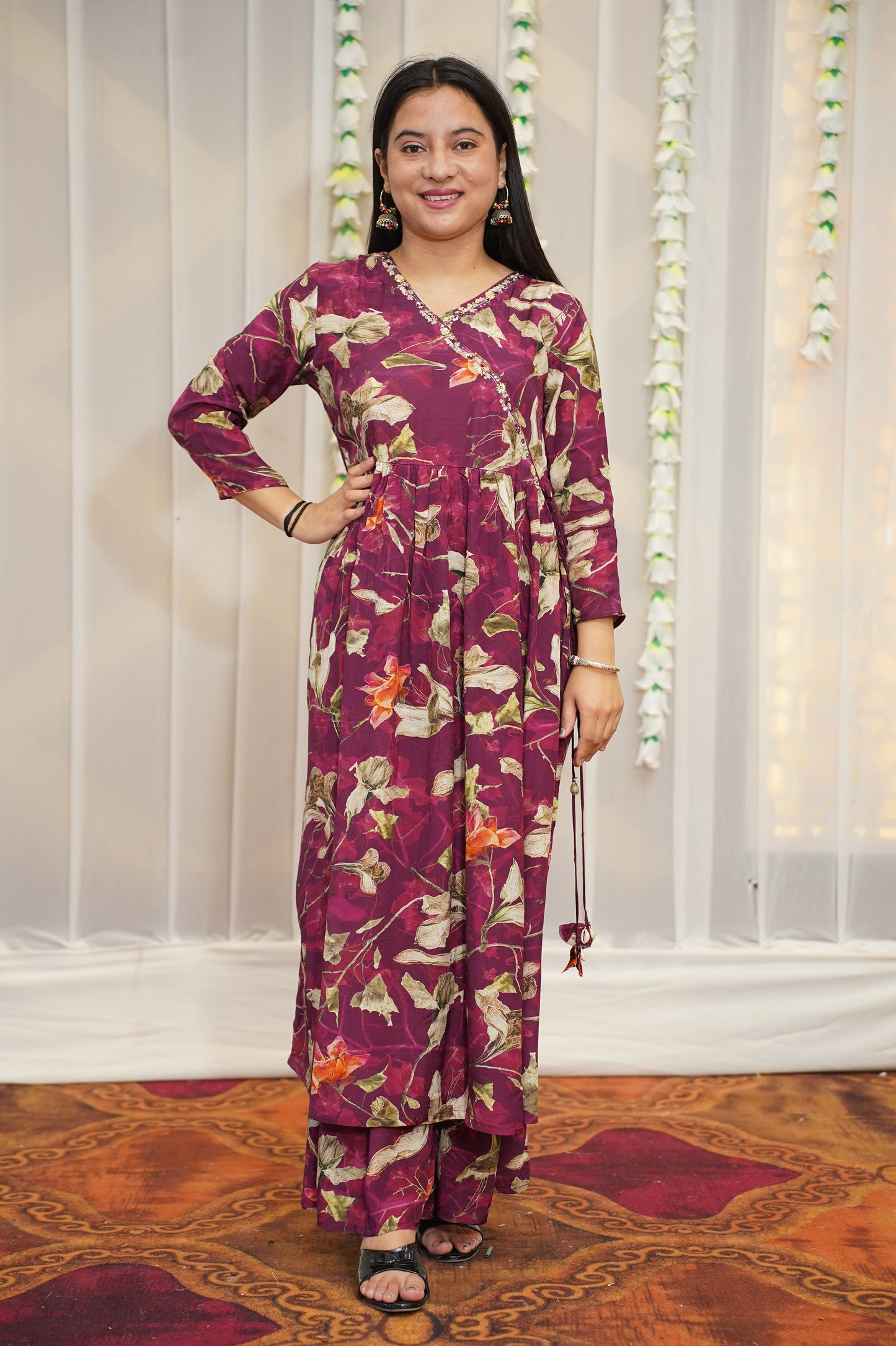 Rosy Wine Muslin Anarkali Set