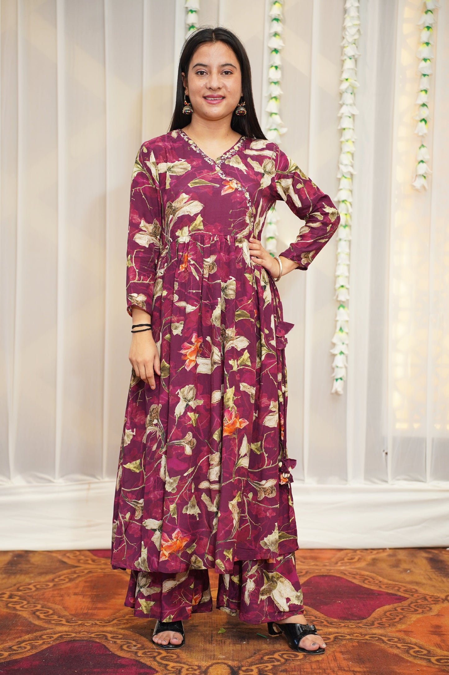 Rosy Wine Muslin Anarkali Set