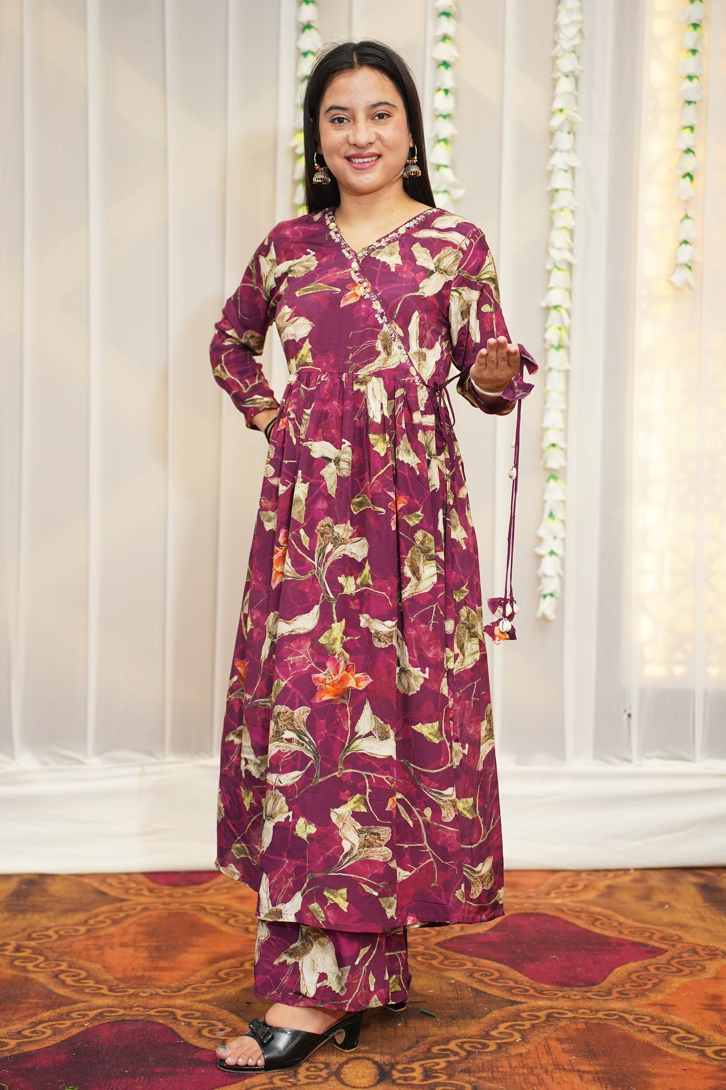 Rosy Wine Muslin Anarkali Set