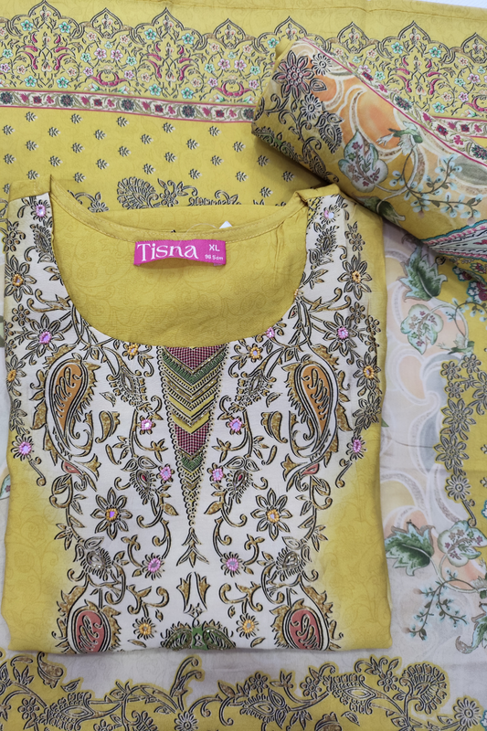 Mustard Zari & Mirror Work Printed Suit Set