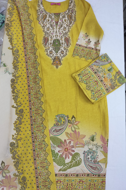 Mustard Zari & Mirror Work Printed Suit Set