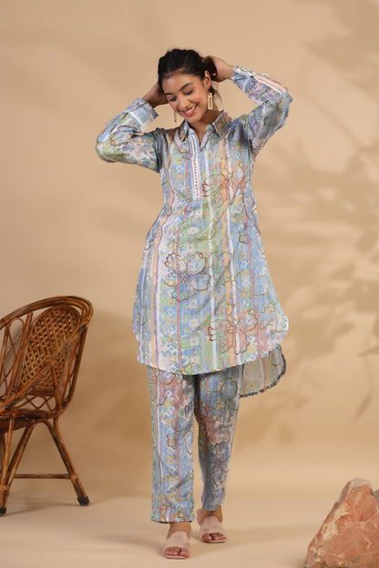 Bluish Grey Muslin Co-ord Set
