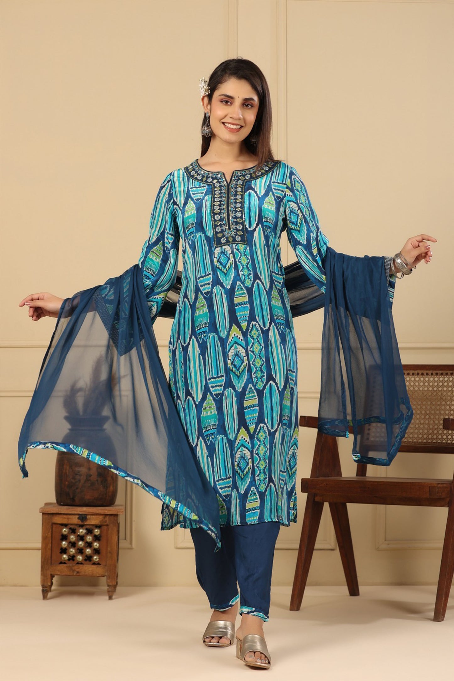 Regal Blue Muslin Kurta Set