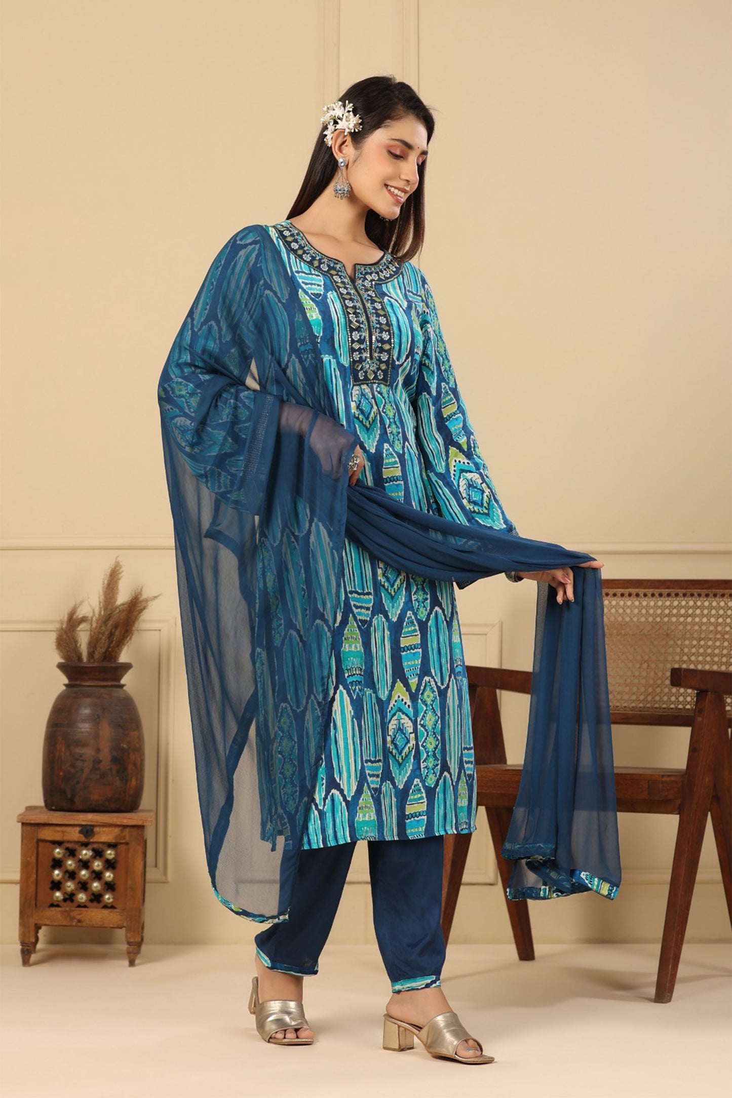 Regal Blue Muslin Kurta Set