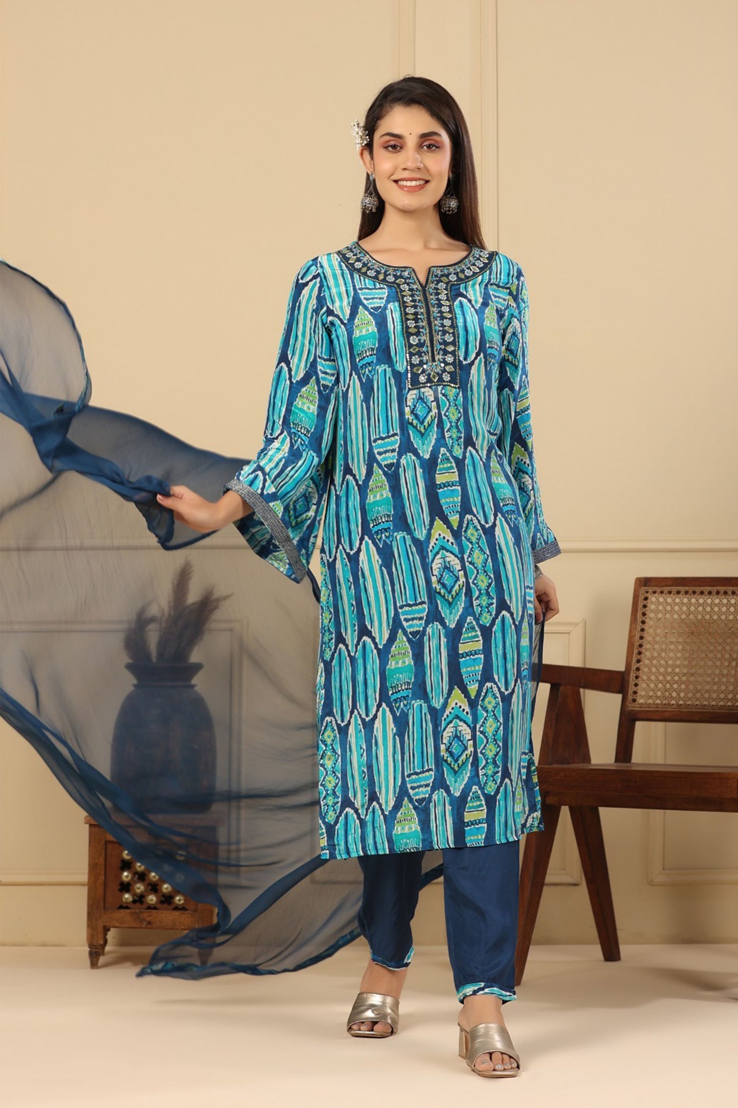 Regal Blue Muslin Kurta Set