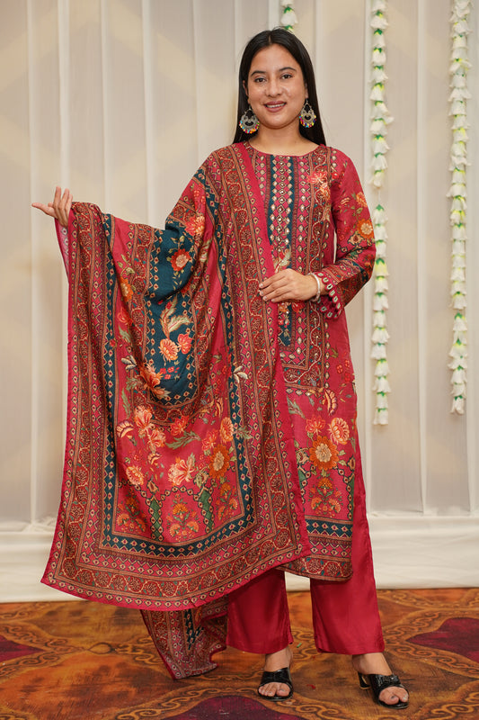 Floral Maroon Muslin Suit Set