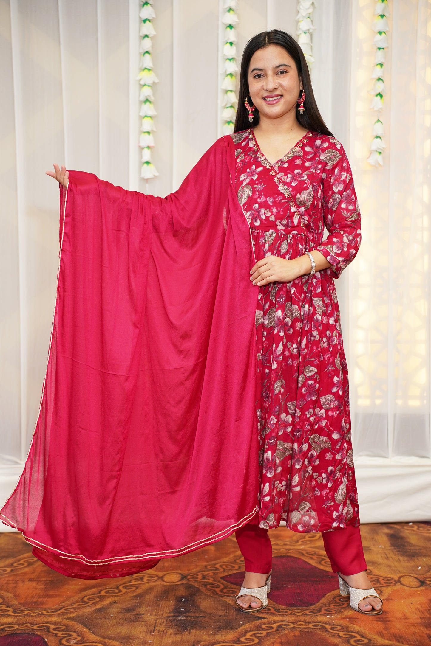 Bold Pink Floral Anarkali Set