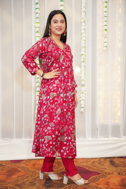 Bold Pink Floral Anarkali Set