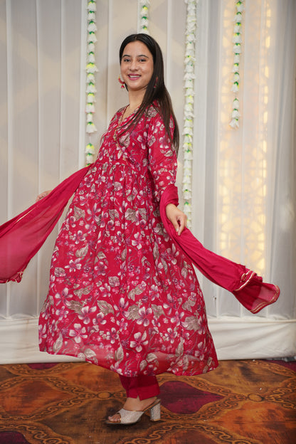 Bold Pink Floral Anarkali Set