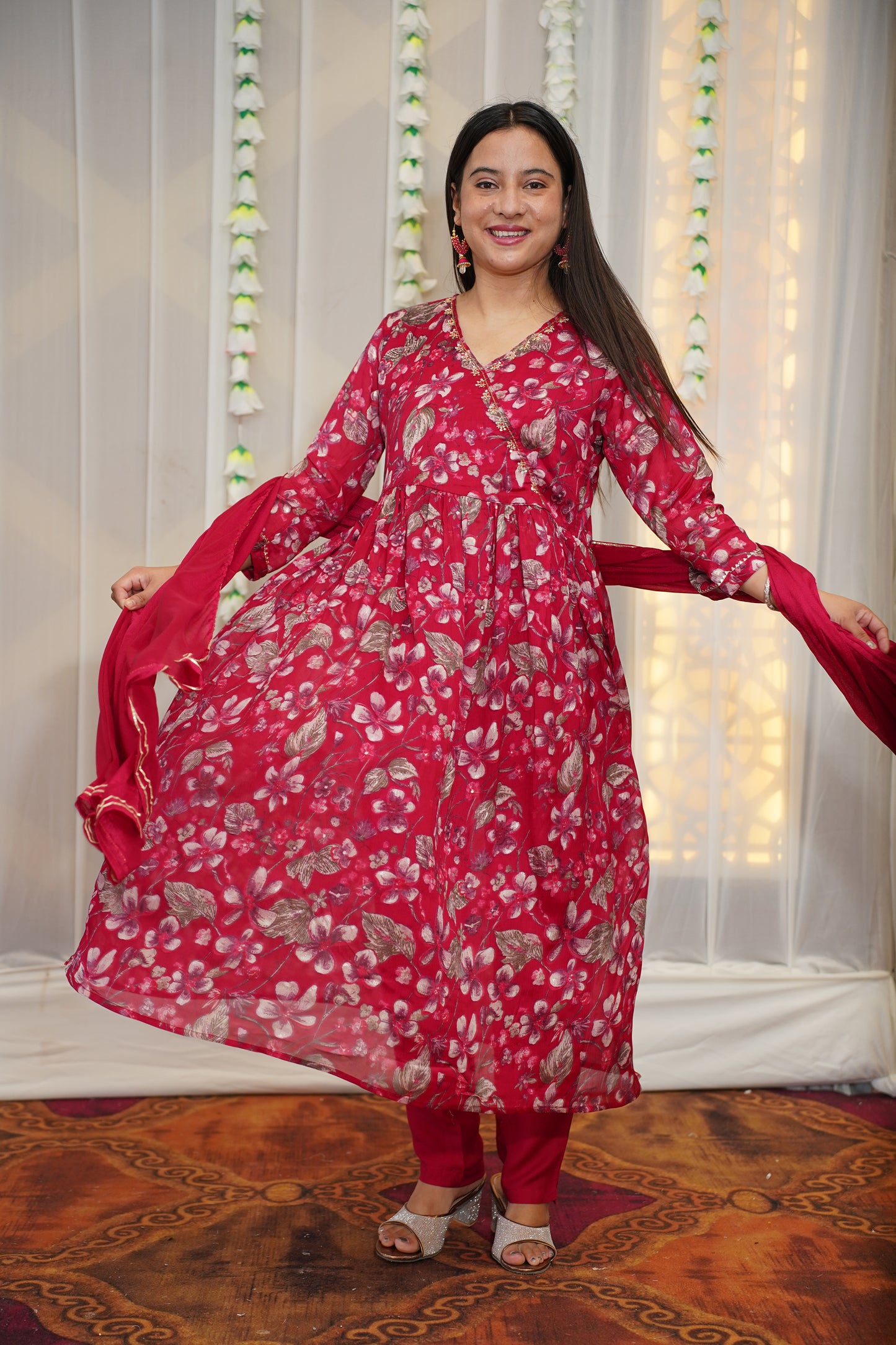 Bold Pink Floral Anarkali Set