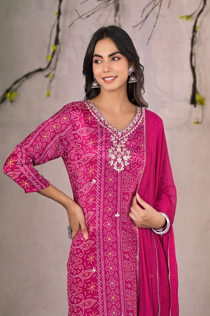 Magenta Bandhej Muslin Silk Suit