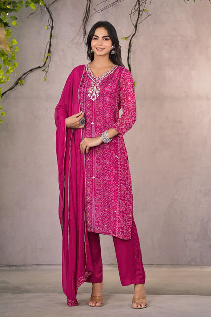 Magenta Bandhej Muslin Silk Suit